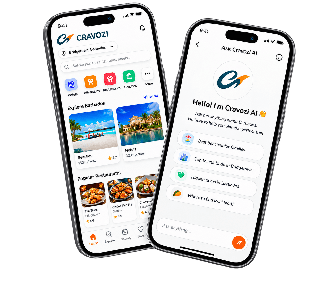 Cravozi app — home screen and Ask Cravozi AI chat